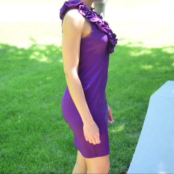 ✂️Sale✂️ Purple Ruffle Neck Evening/Party Dress - Picture 5 of 7